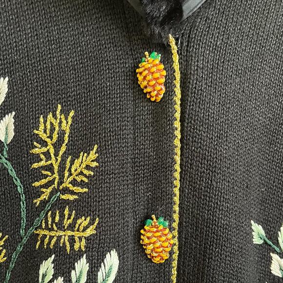Storybook Knits Holiday Pines Cardi Sweater Size XS Beaded Embroidery Fur Collar - Picture 8 of 11